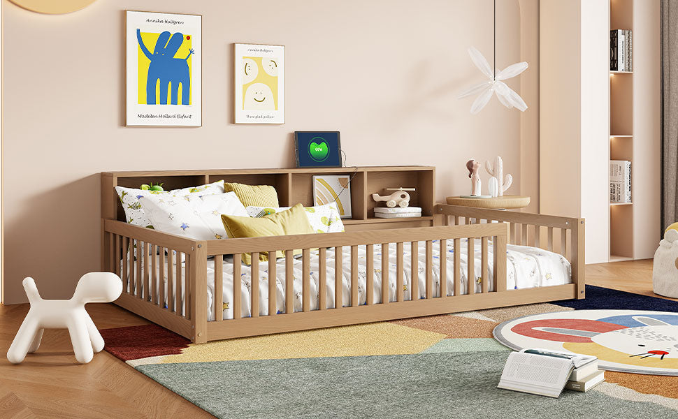 Wood Twin XL Size Floor Bed with Storage Cabinets and USB Ports