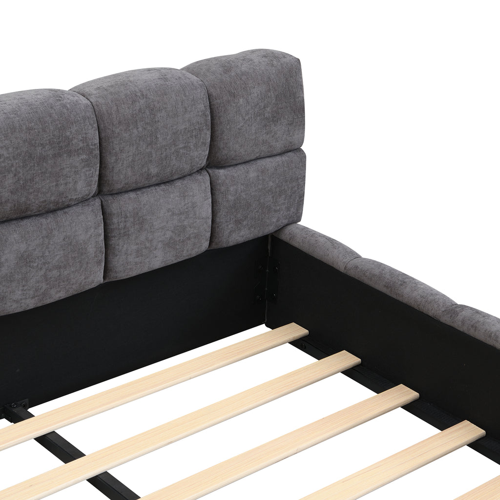 Elegant Chenille Upholstered Bed with Checkerboard Design, Queen