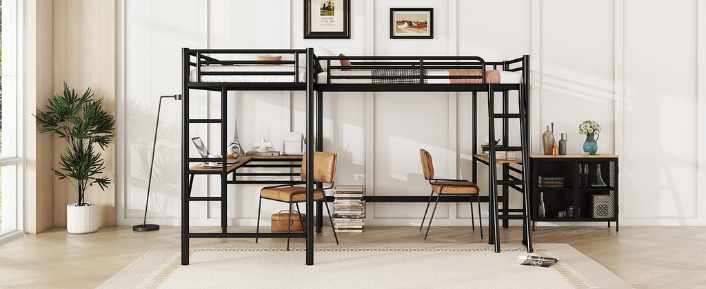 Twin Size Metal Loft Bed with Two Built-in Desks