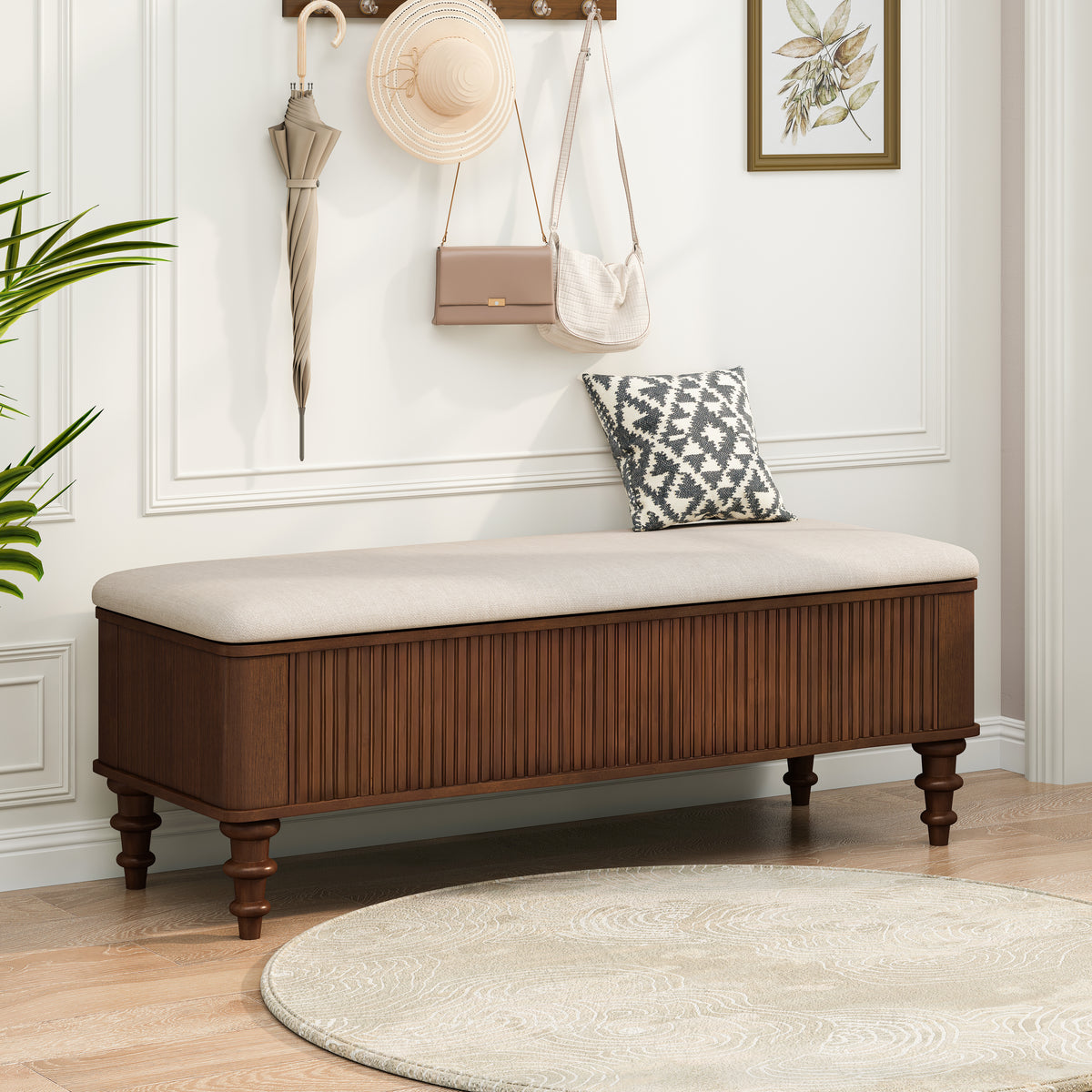 50.8-Inch Storage Ottoman Bench, Solid Rubberwood, Walnut