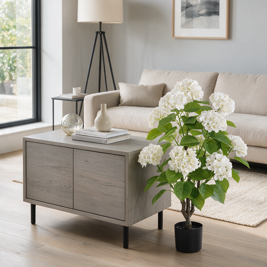 3-Foot Artificial White Hydrangea Plant in Black Pot