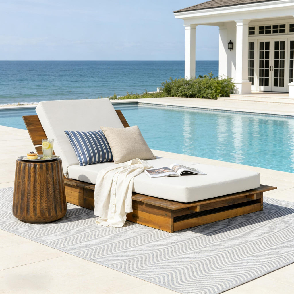 Acacia Wood Chaise Lounge with 4" Thick Cushion