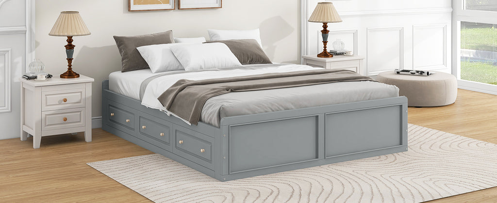 Wood Queen Size Platform Bed Frame with 6 Drawers