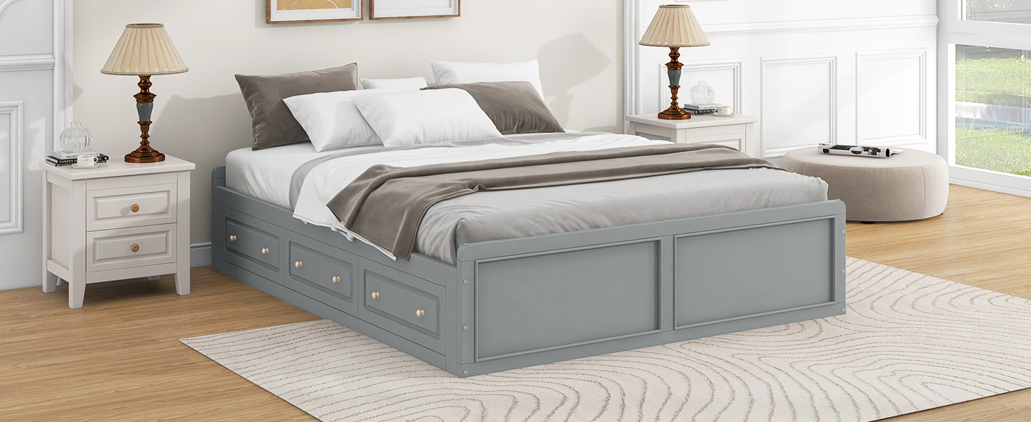 Wood Queen Size Platform Bed Frame with 6 Drawers
