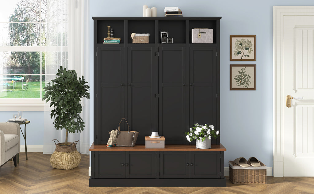 VIBE HAUS 76.7''H Farmhouse Hall Tree with Bench and Cabinet