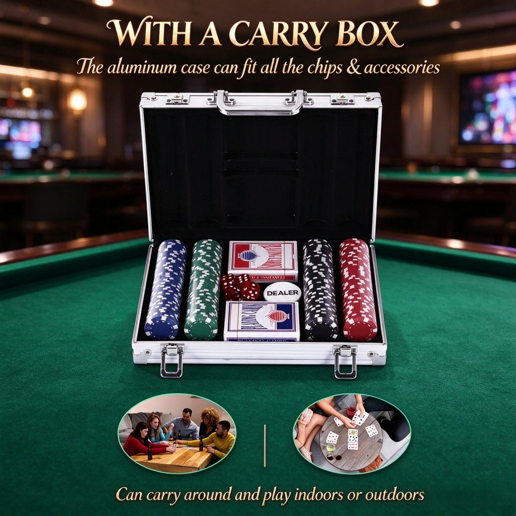 200 Striped Poker Chip Set with Aluminum Case, 2 Decks, Dice and Dealer Button