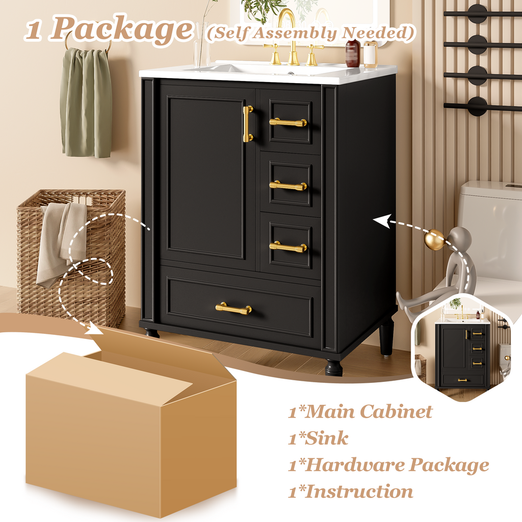 24" Modern Bathroom Vanity with Ceramic Sink, Soft-Close Door, 3 Drawers