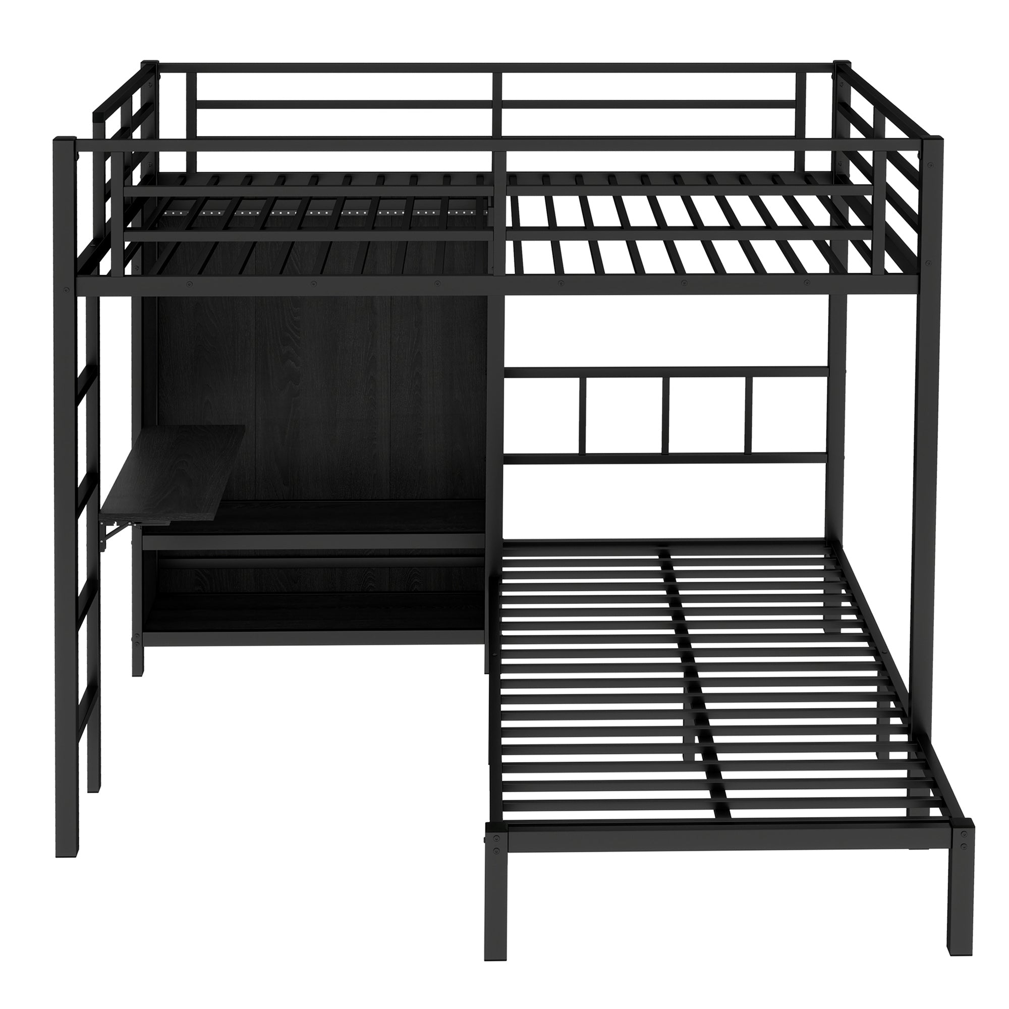 Full XL Over Twin Metal Bunk Bed with Folding Desk and LED Closet