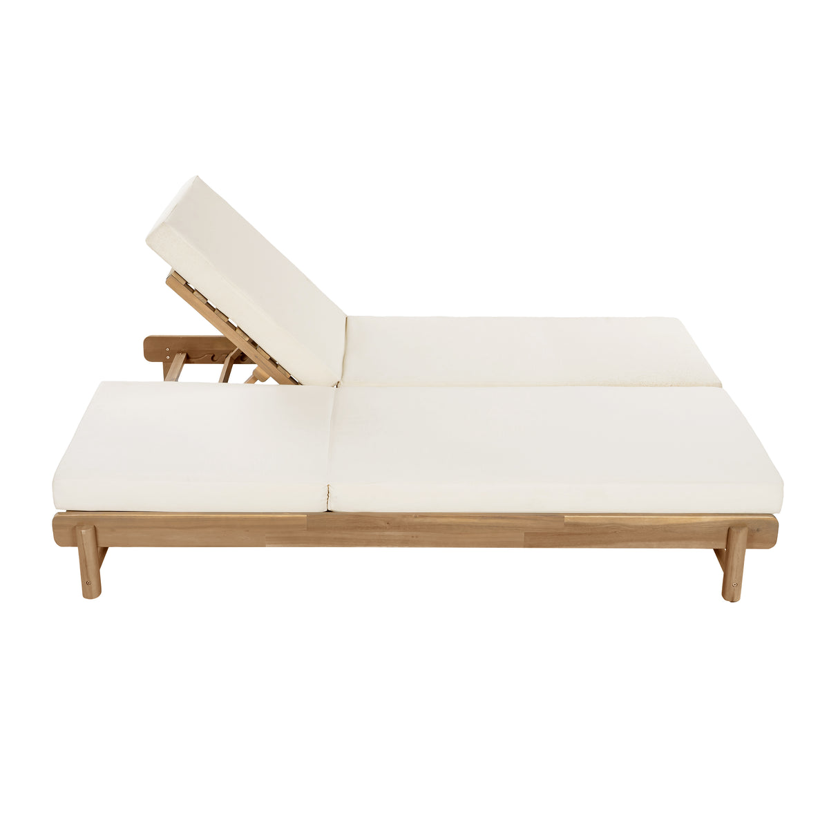 Light Teak Acacia Wood Double Chaise Lounger Set: 1 Frame + 2