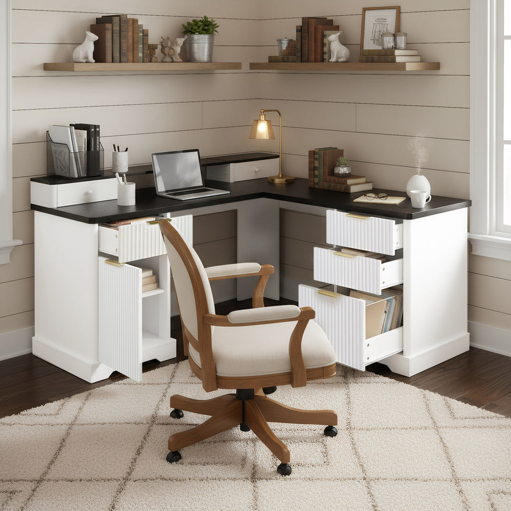 Modern Fluted L-Shaped Desk with Charging Station