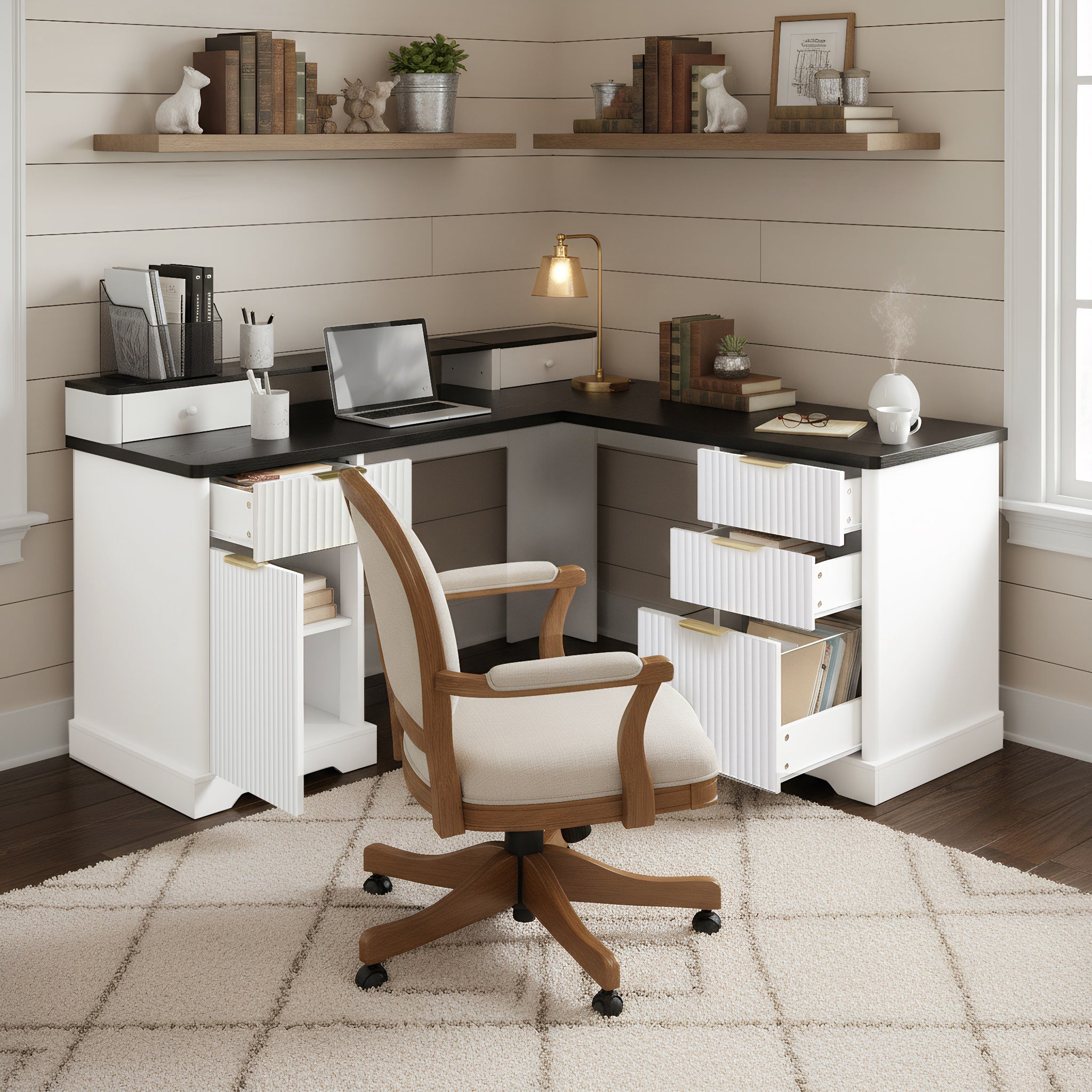 Modern Fluted L-Shaped Desk with Charging Station