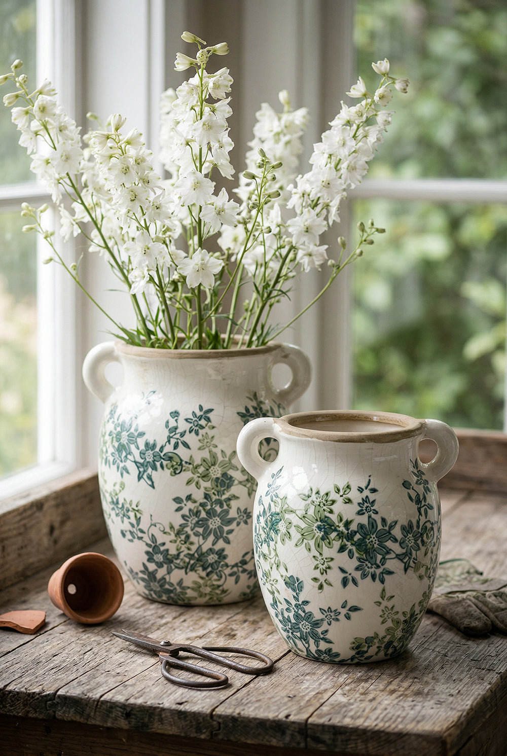 Floral Twin-Handle Ceramic Vase, 7.5 x 6.3 x 7.7 Inches