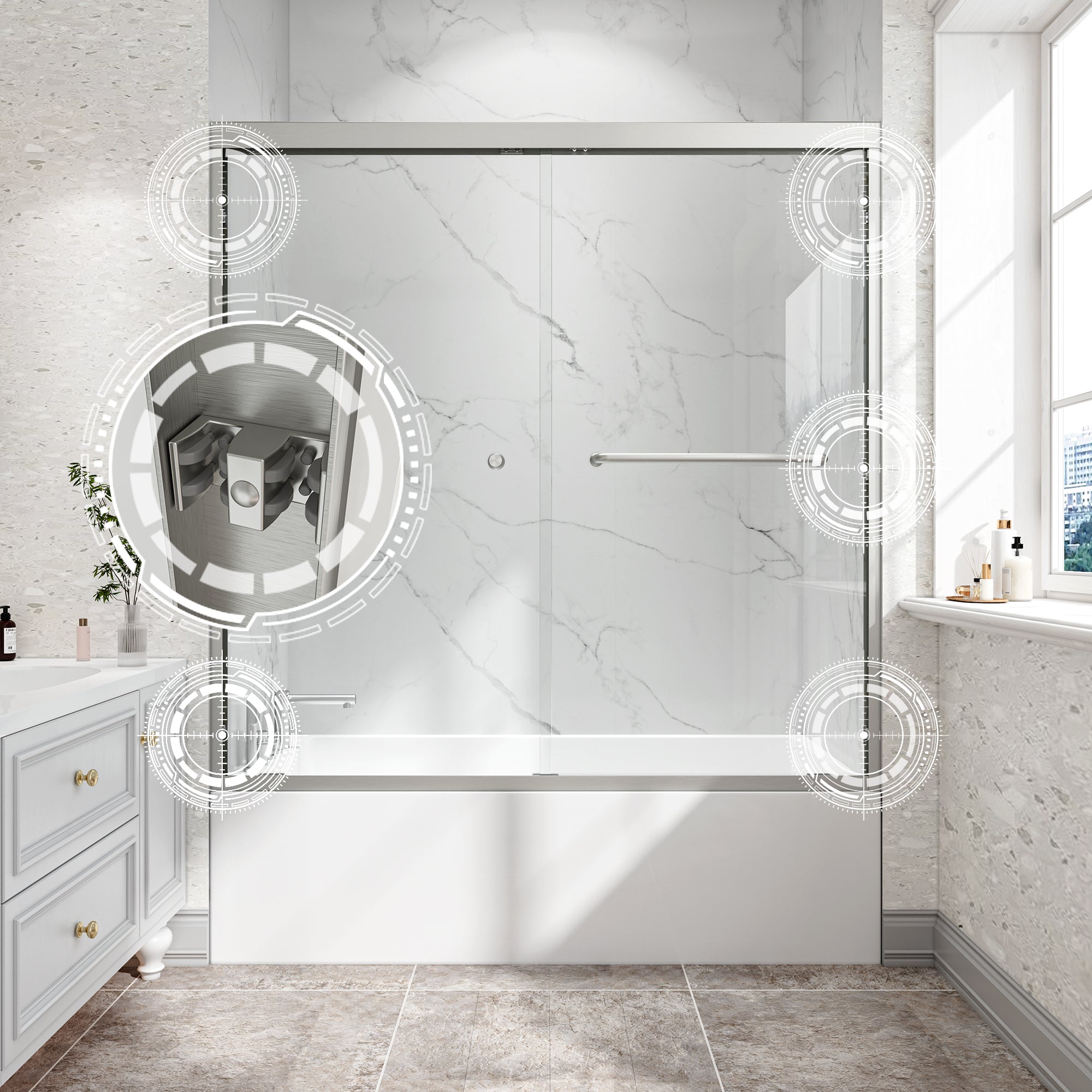 Brushed Nickel Reversible Installation Double Bypass Sliding Shower Door