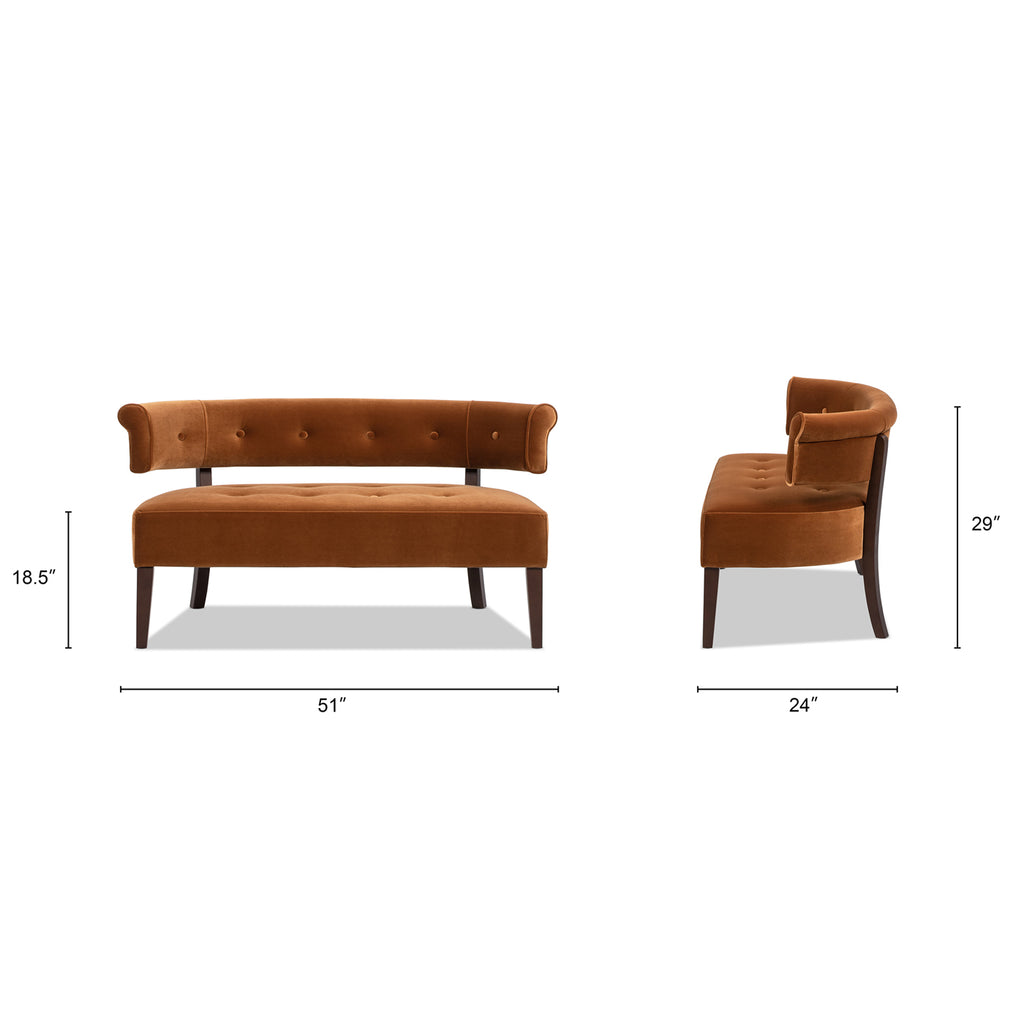 Jared Roll Arm Tufted Bench Settee, Burnt
