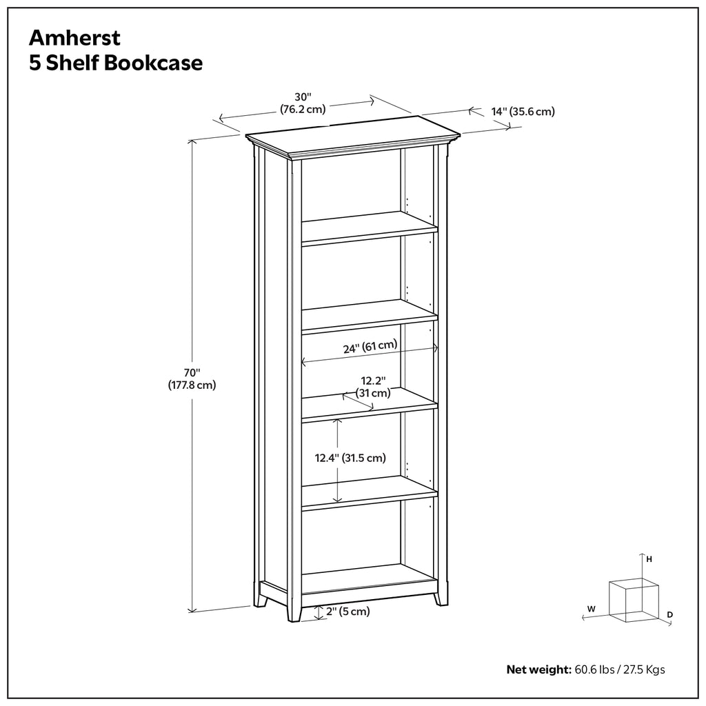 Amherst 30 Inch Solid Wood 5 Shelf Bookcase in Light Golden
