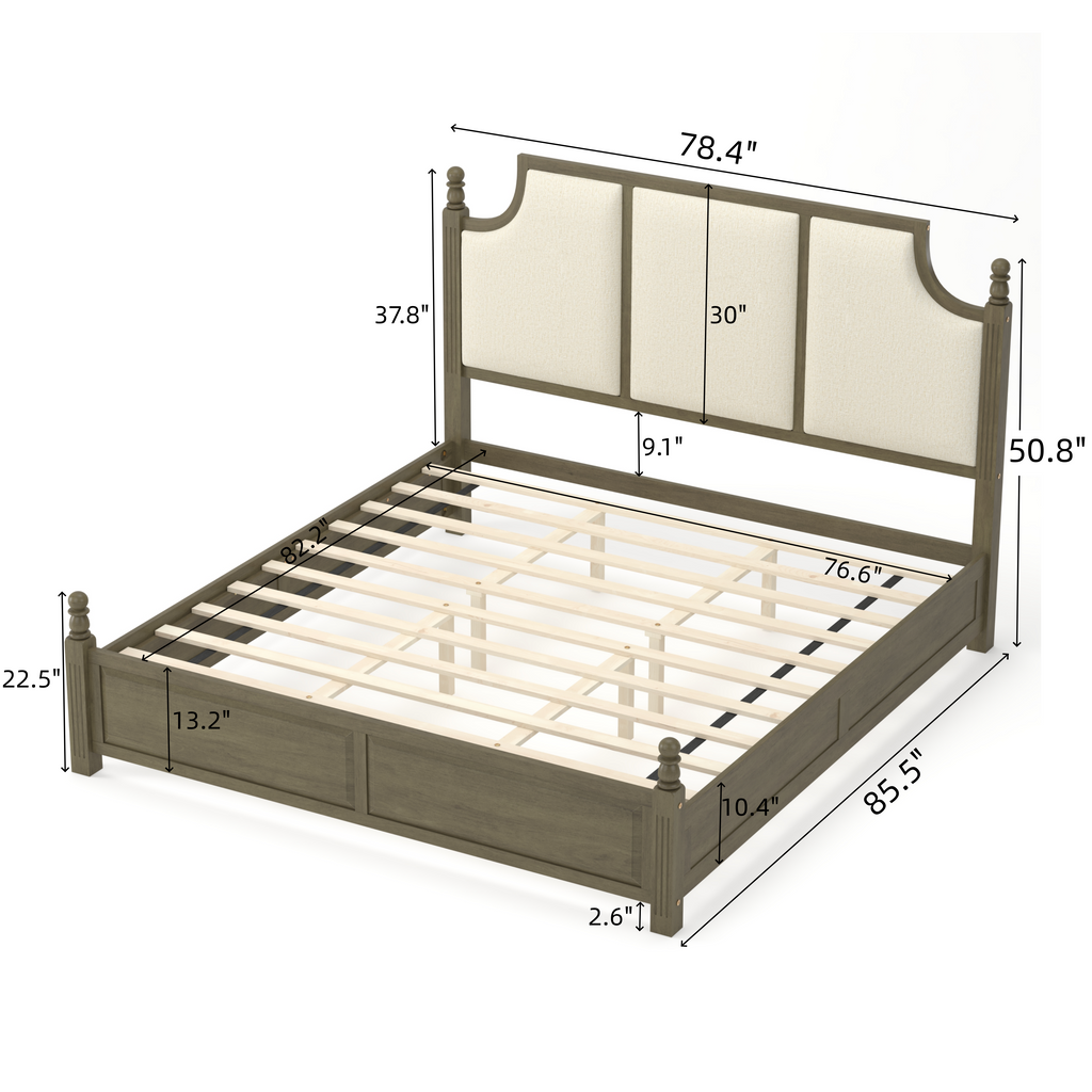 King Size Farmhouse Solid Wood Platform Bed Frame, 50.8-Inch Tall, Beige Linen