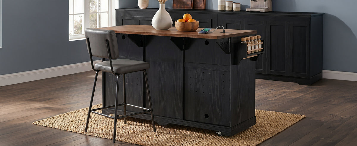K&K 72" Farmhouse Kitchen Island with Fridge Storage