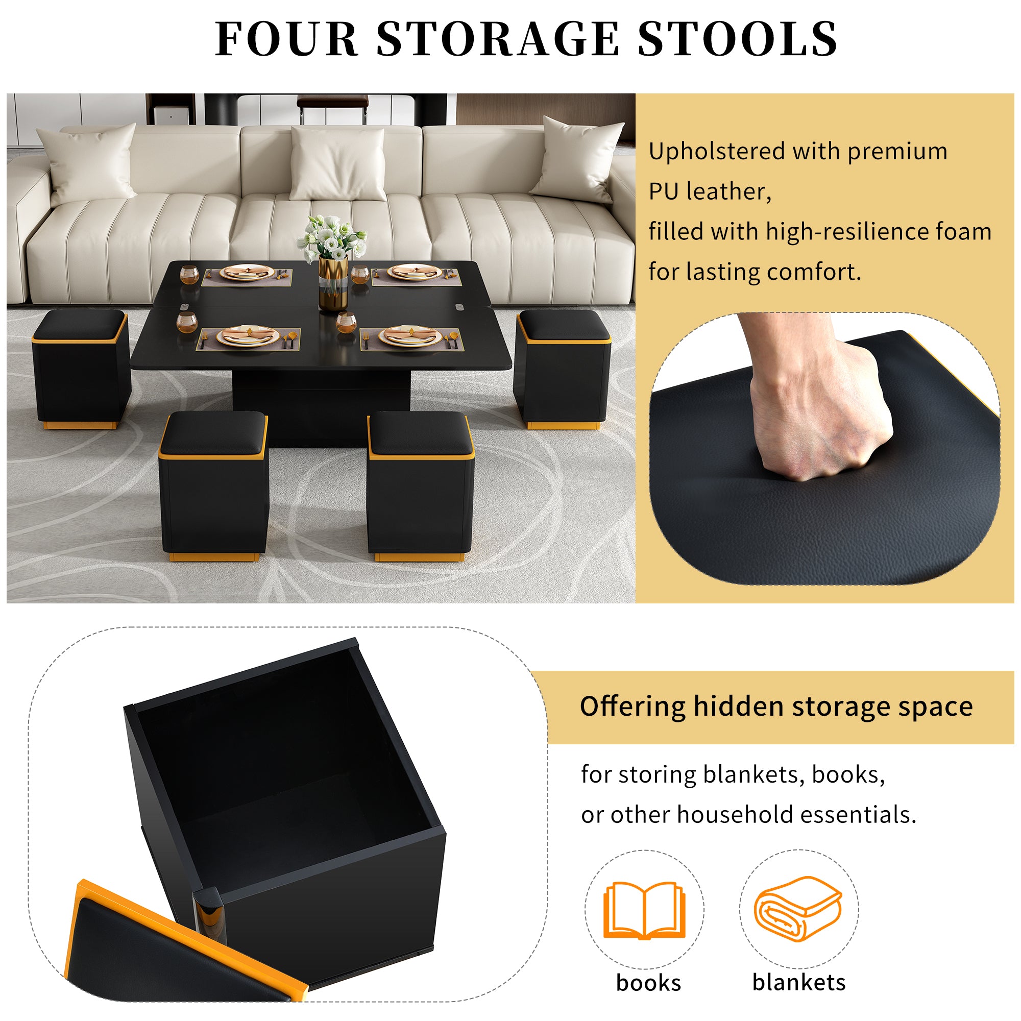VIBE HAUS Lift-Top Coffee Table with Storage Stools