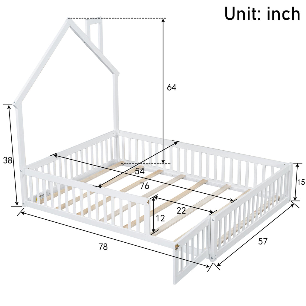 Wood Full Size House Platform Bed with Guardrail