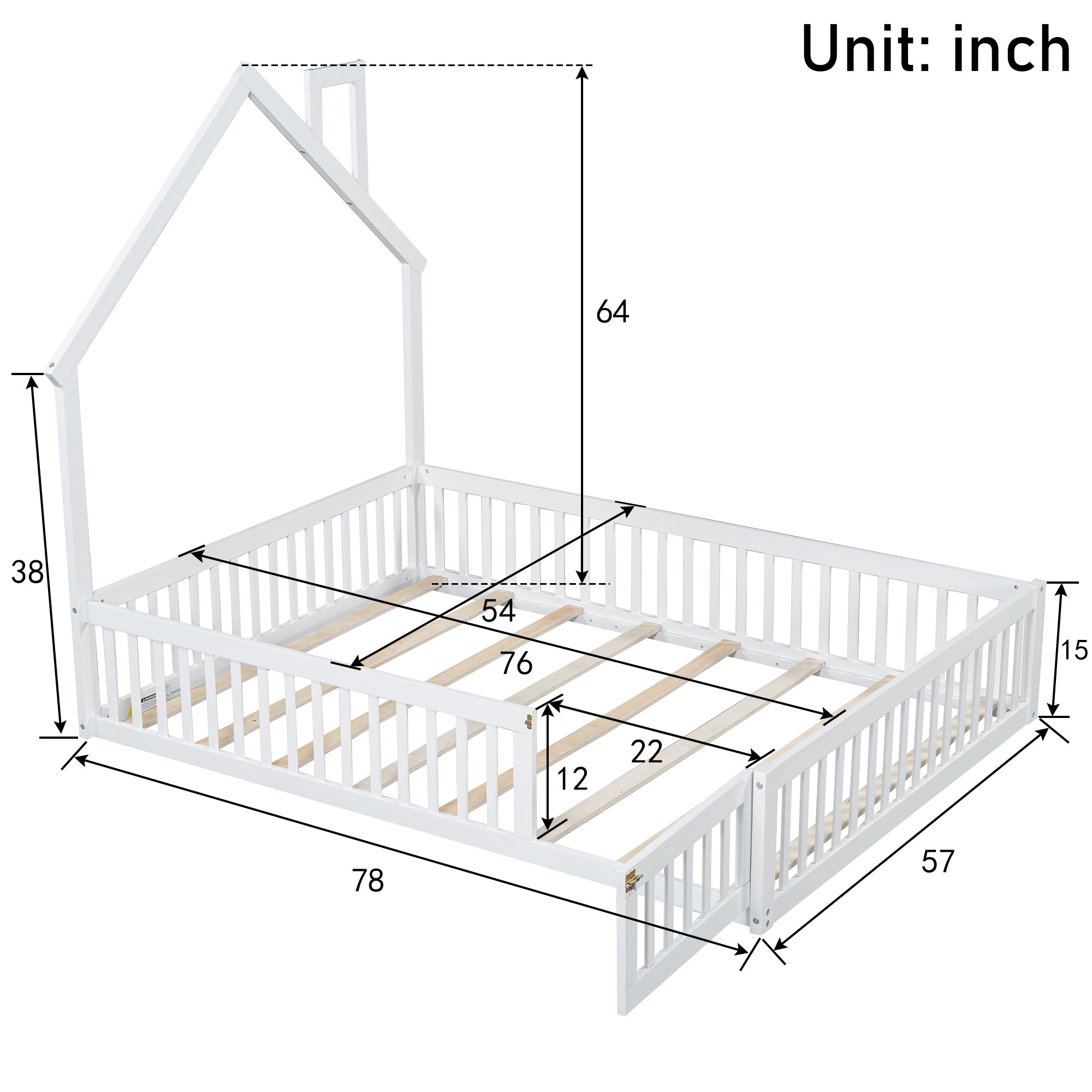 Wood Full Size House Platform Bed with Guardrail