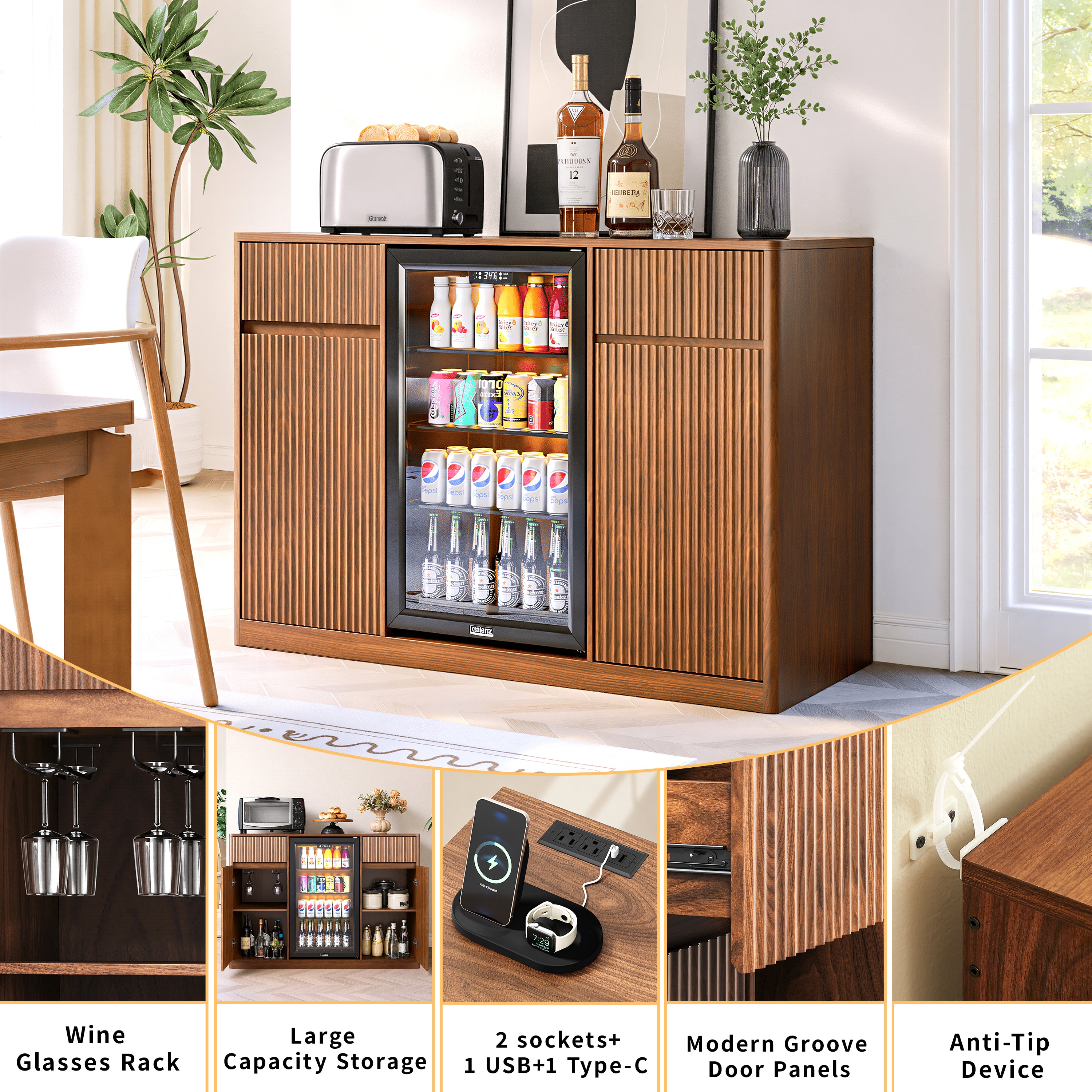 Fluted Buffet Wine Cabinet With Mini Fridge Nook