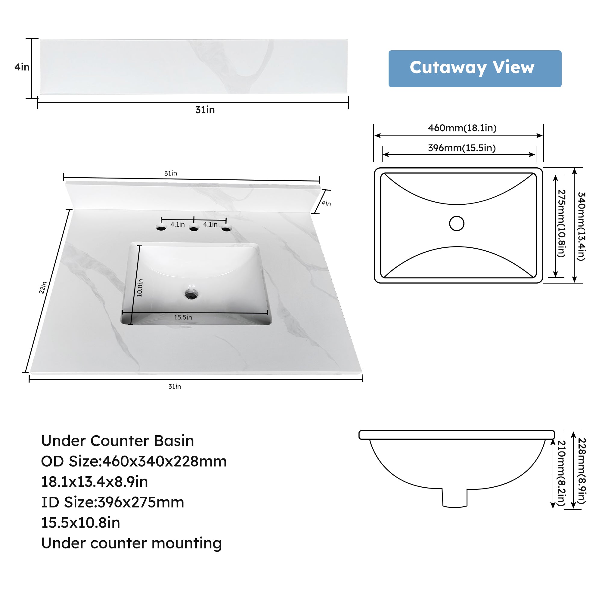 31-Inch Quartz Bathroom Vanity Top