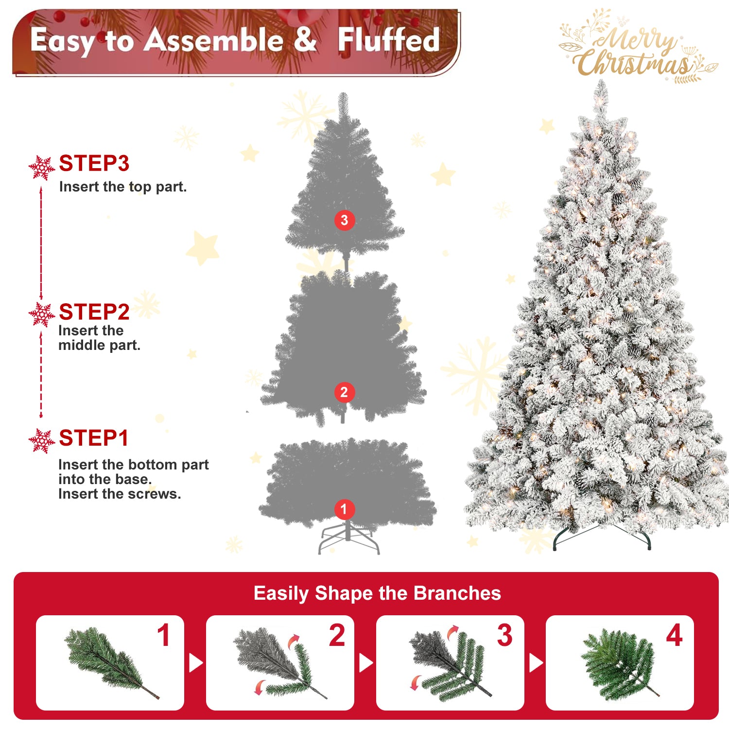 6FT Flocked Christmas Tree with 350 UL Lights and 35 Pine Cones