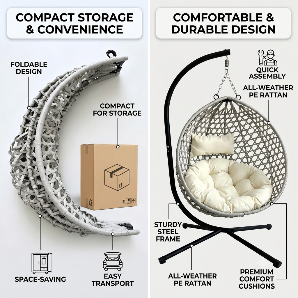 Foldable Hanging Egg Chair with Stand, HDPE Rattan Wicker