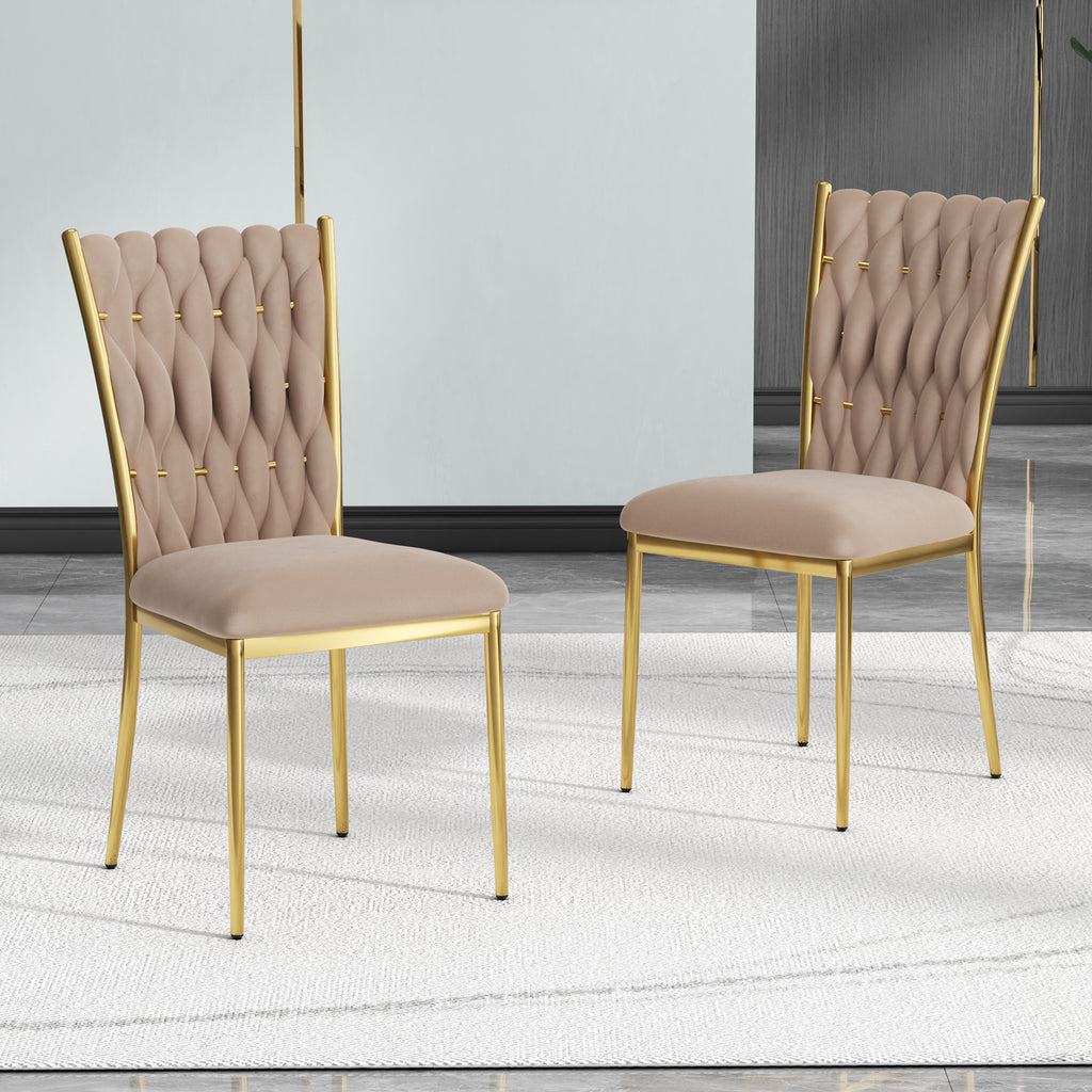 Modern Simple Velvet Dining Chair, Brown, Gold Metal Legs, Set of 2