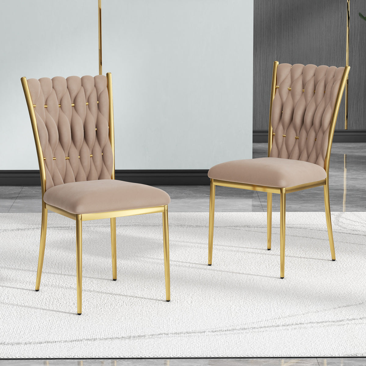 Modern Simple Velvet Dining Chair, Brown, Gold Metal Legs, Set of 2