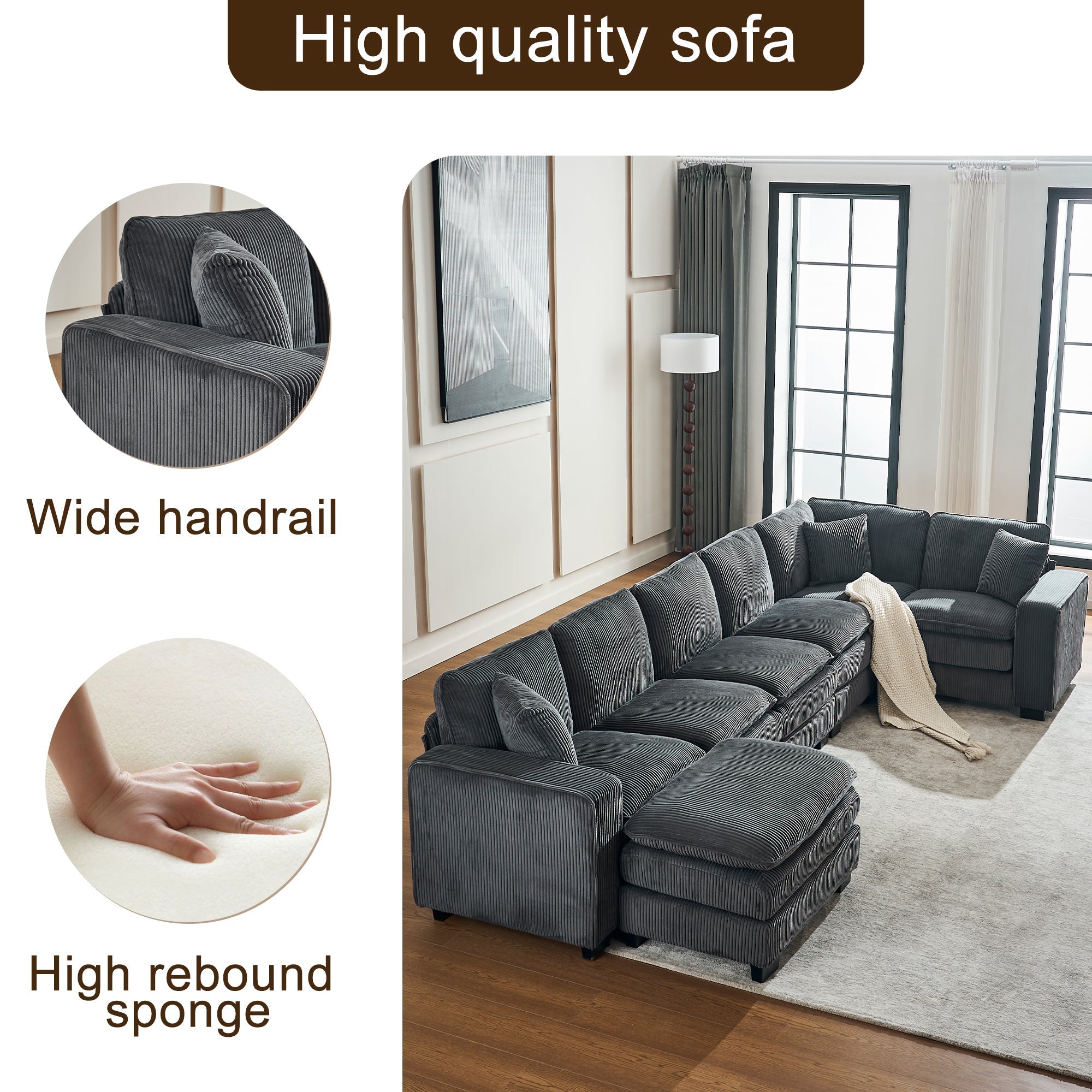 Modern U Shaped 6-Seat Sectional Sofa with Ottoman