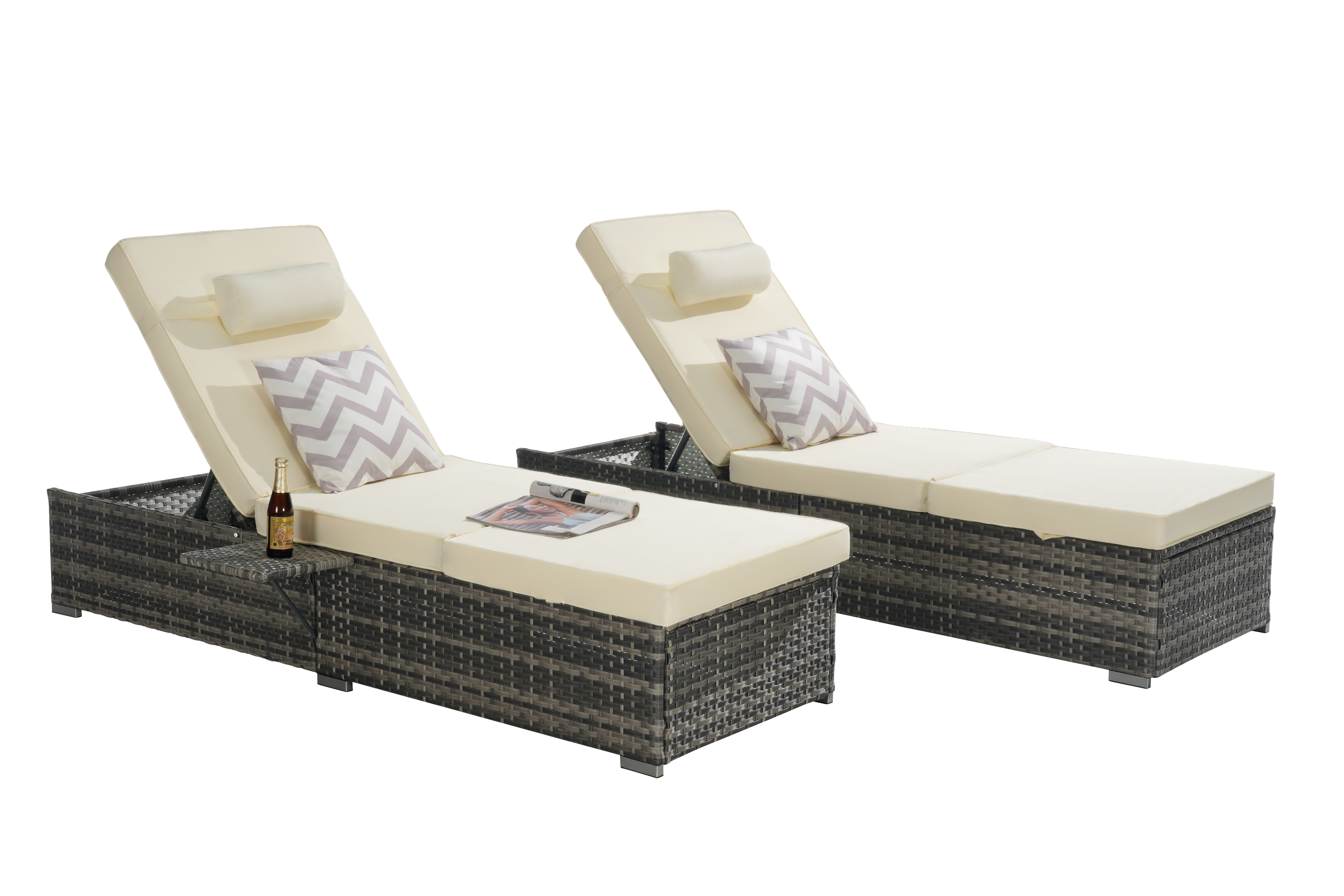 Outdoor Chaise Lounge Chair Set of 2 with Storage and Cushions