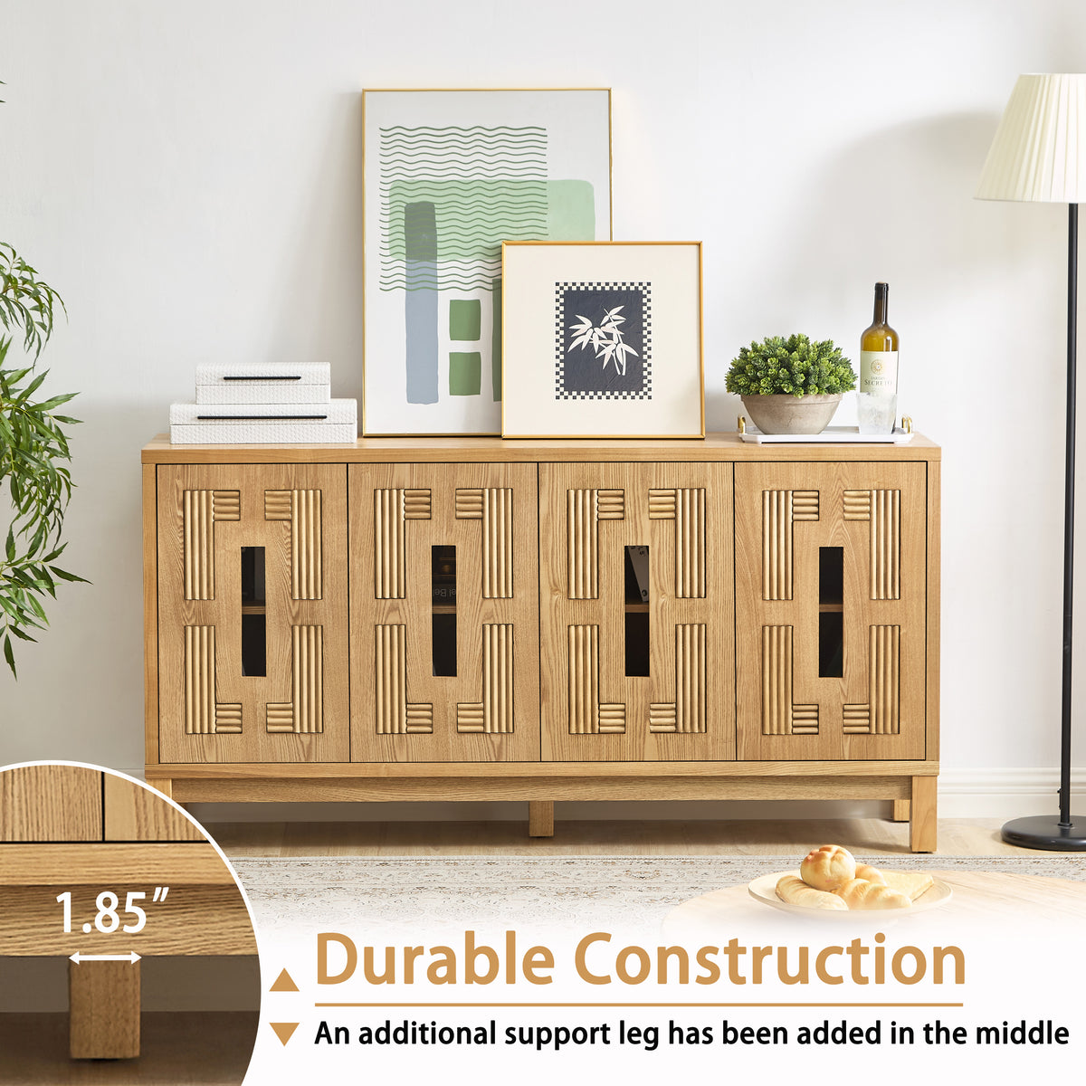 Mid Century Modern Sideboard Buffet Cabinet, 60.7-Inch, 4 Doors with Carved Design, Natural Wood