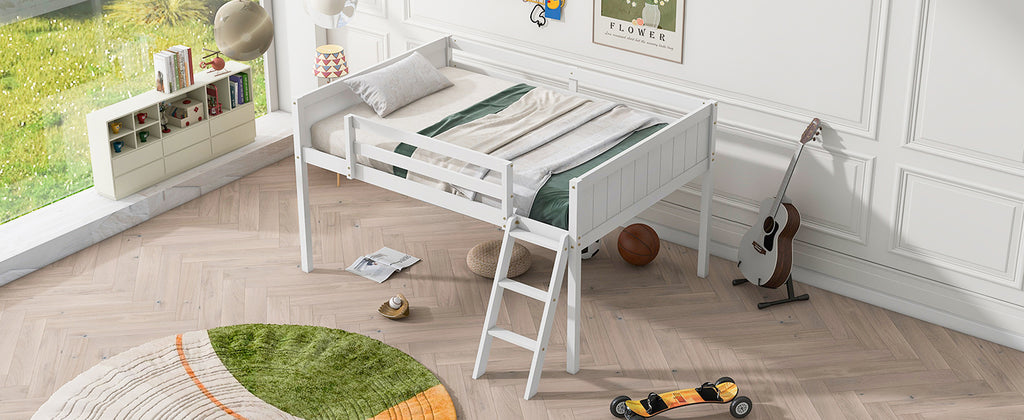 Full Size Wood Low Loft Bed with Ladder