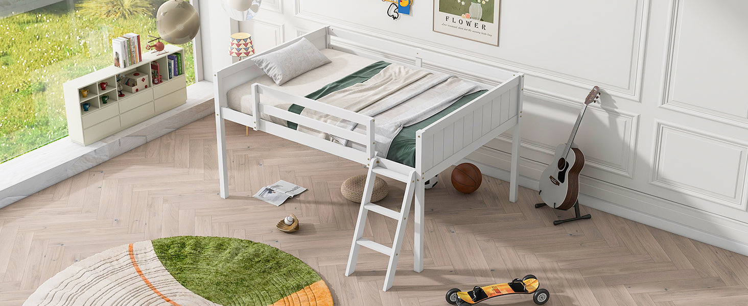 Full Size Wood Low Loft Bed with Ladder