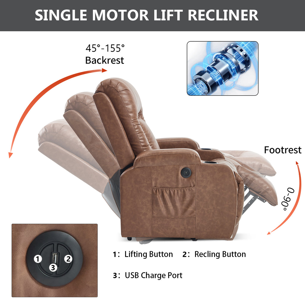 Brown PU Infinite Position Power Lift Recliner Chair