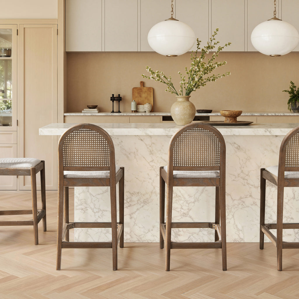 Panama 26.5" Curved Back Cane Rattan Counter Stool, Set of 2, Two-Tone Neutral