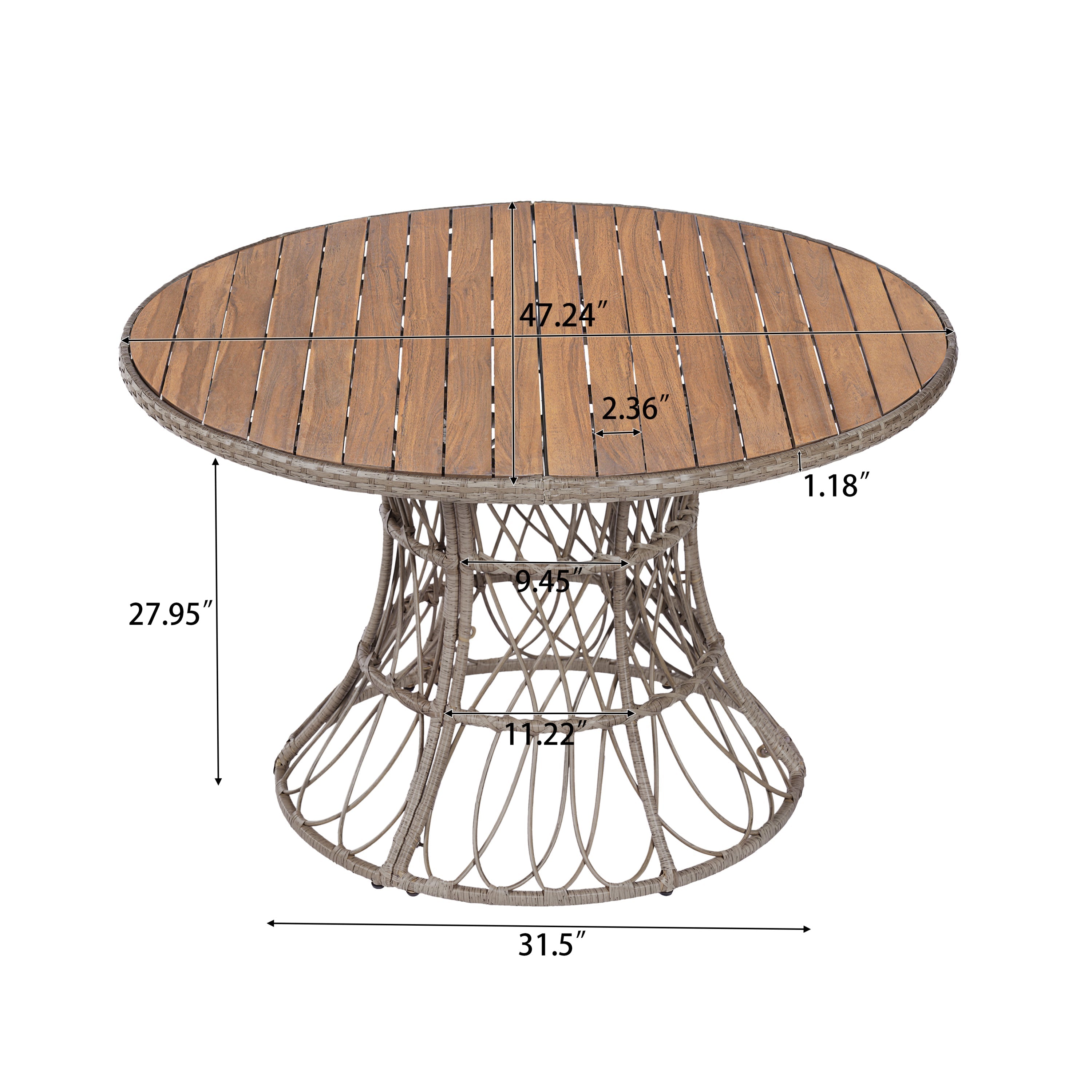 5-Piece Outdoor Dining Set: Brown Round Acacia Wood Table & 4 Brown Wicker Armchairs