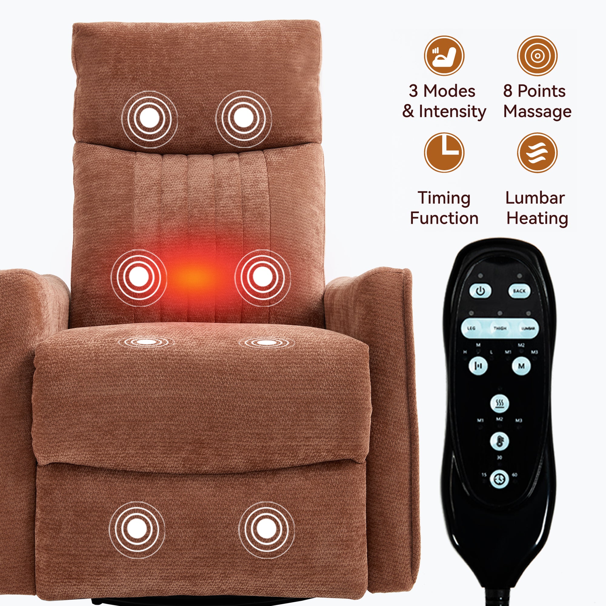 Orange Heat Massage Manual Recliner Chair with Rocker and Swivel in Fabric for Living Room