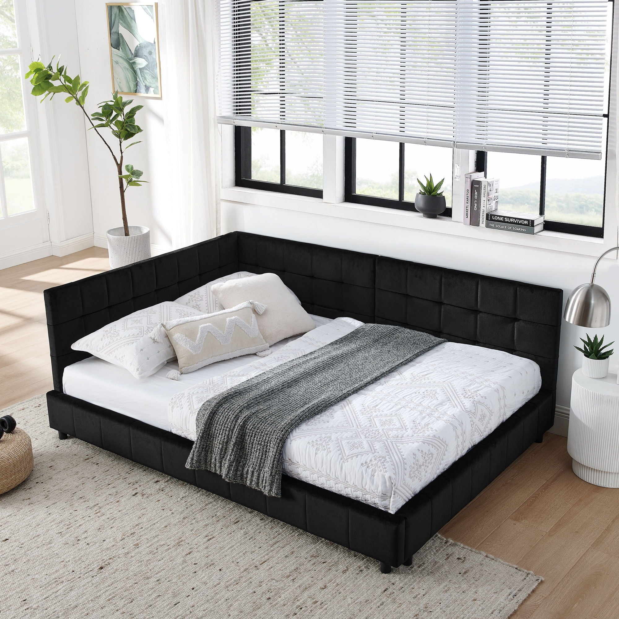 Mid-Century Storage Upholstered Tufted Bed Frame with Backrest and Armrests