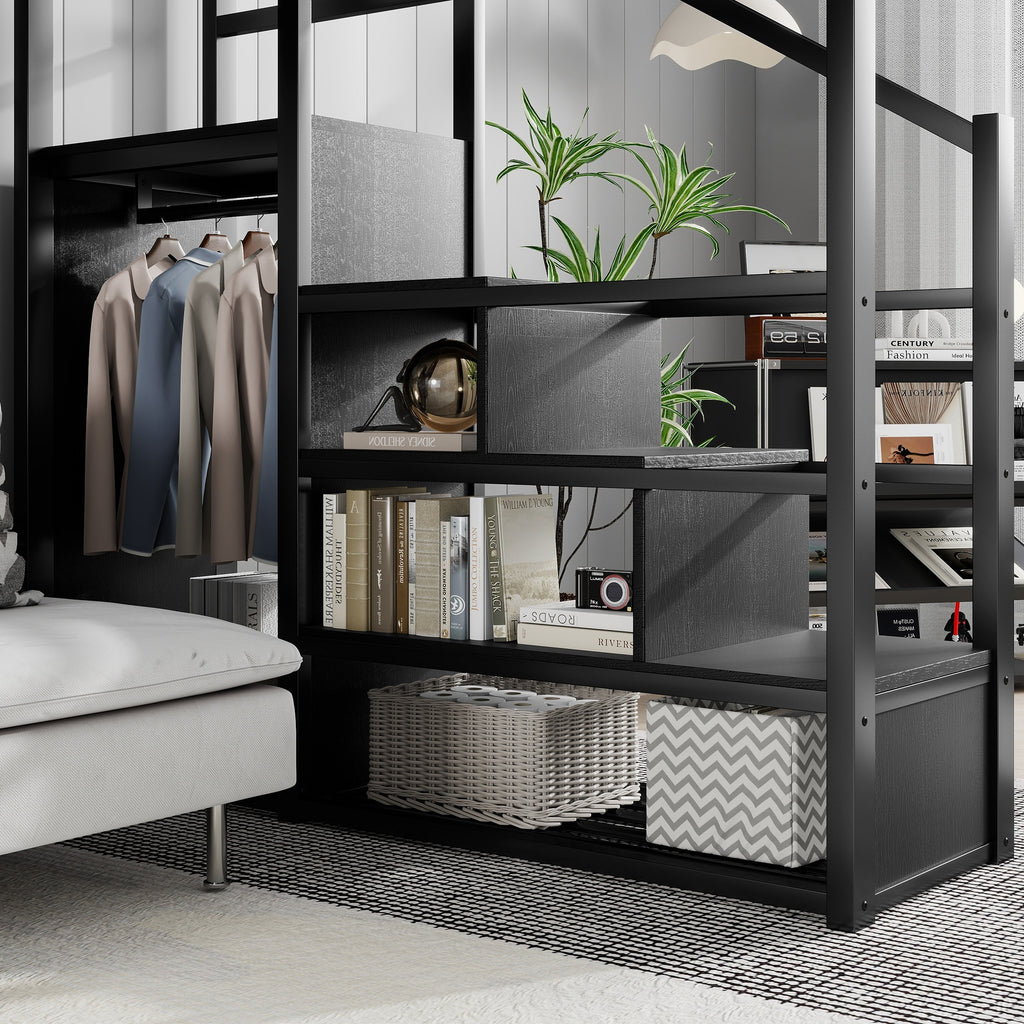 Queen Size Loft Bed with Stairs, Metal Loft Bed with Storage Shelves