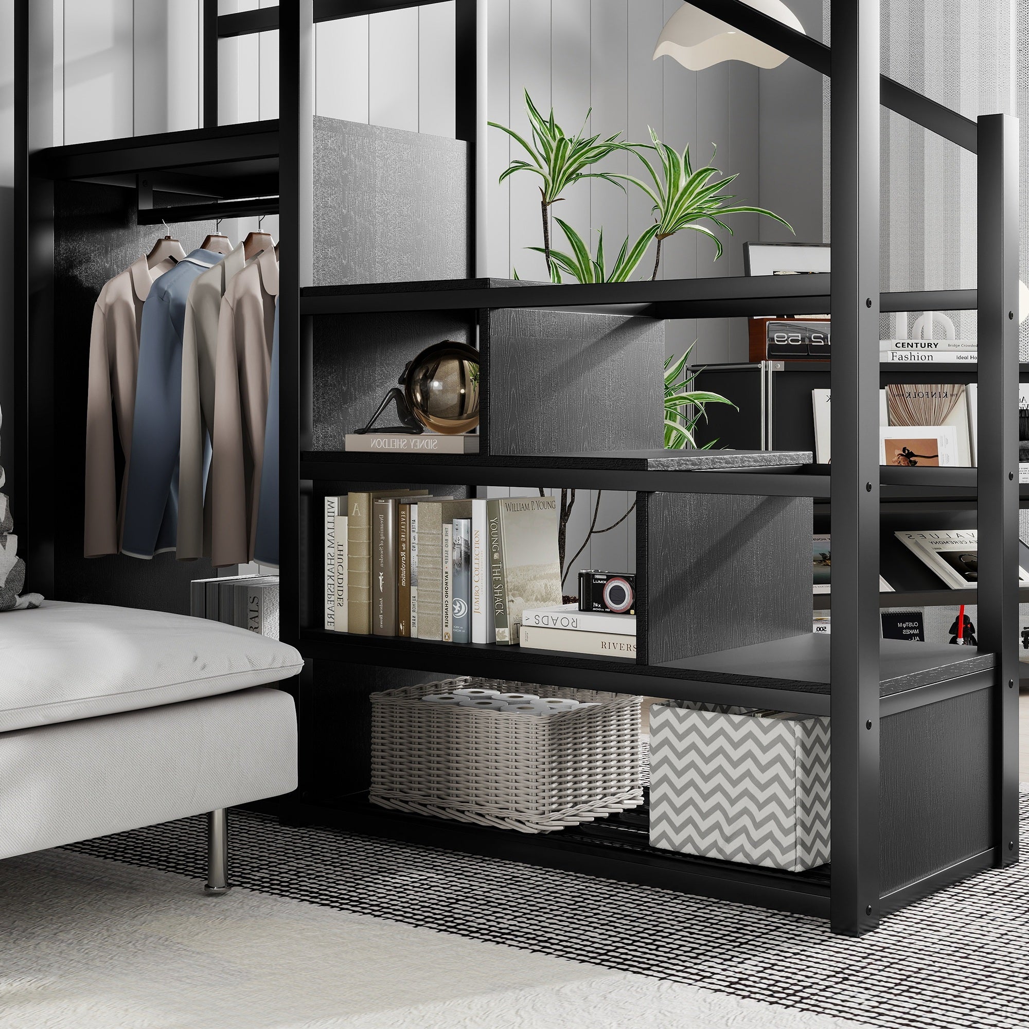 Full Size Loft Bed with Stairs and Storage Shelves