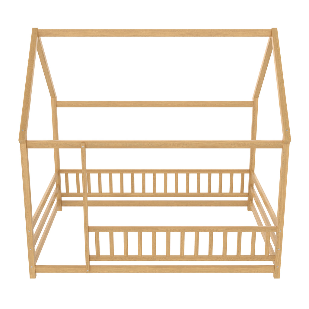 Full Size Floor Wooden Bed with House Roof Frame, Fence Guardrails