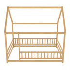 Full Size Floor Wooden Bed with House Roof Frame, Fence Guardrails