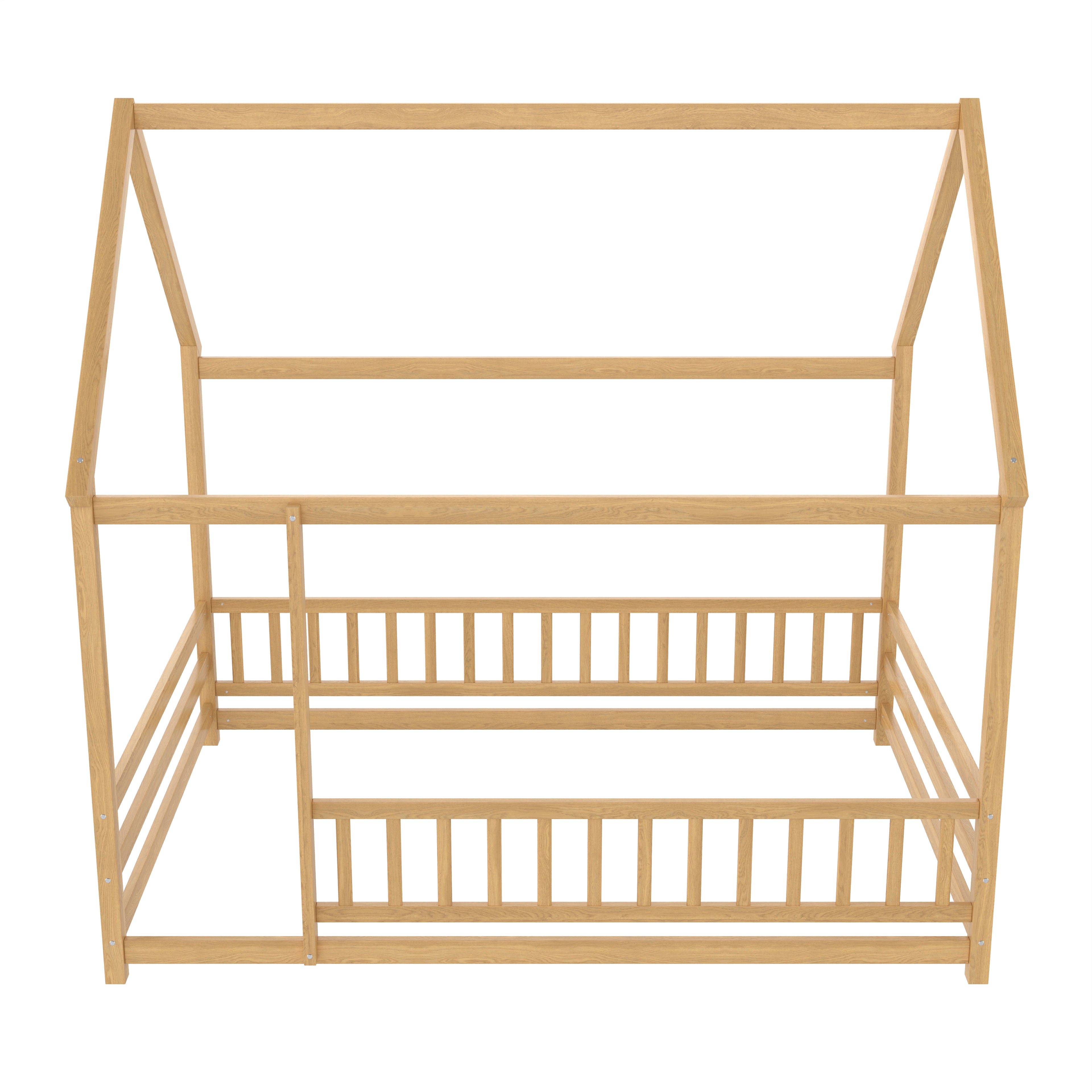 Full Size Floor Wooden Bed with House Roof Frame, Fence Guardrails