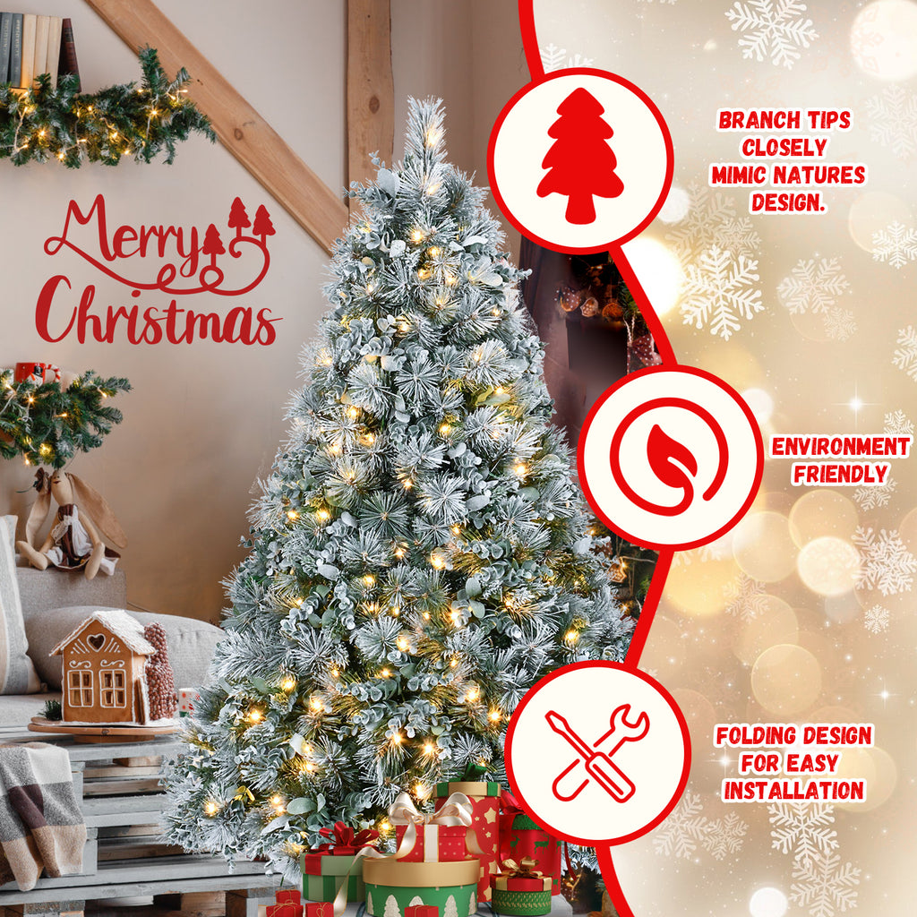 4FT Prelit Flocked Christmas Tree with Pine Needles & Eucalyptus Leaves