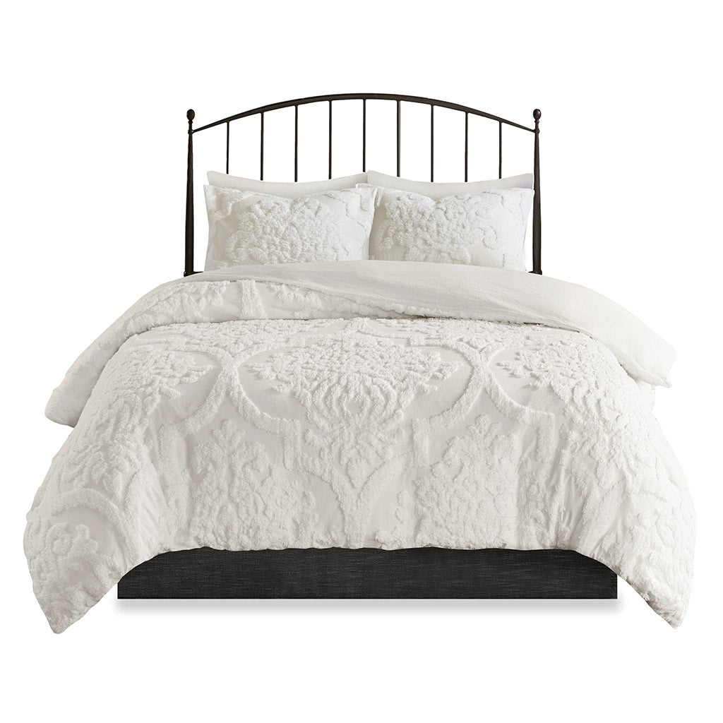 Full/Queen 3 Piece Tufted Cotton Chenille Damask Duvet Cover Set