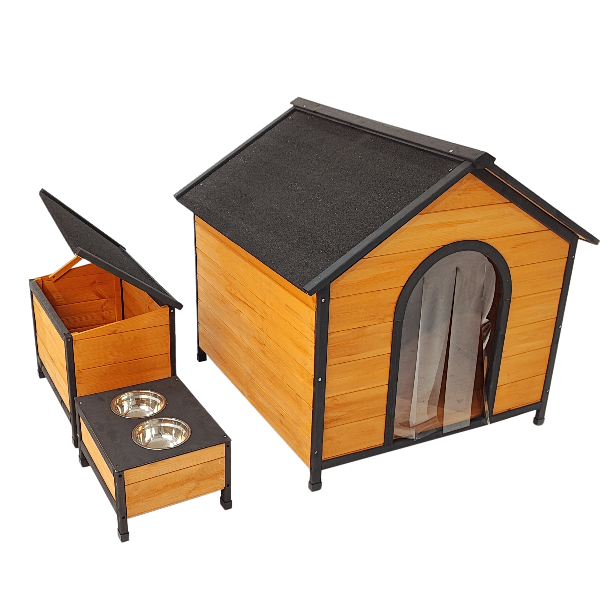 Wearable and Strong Wooden Dog House with Metal Bowls and Toy Box