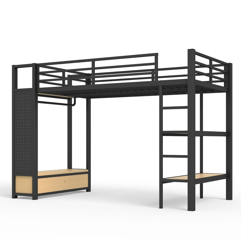 Twin XL Loft Bed Frame with Wardrobe, Metal Loft Bed