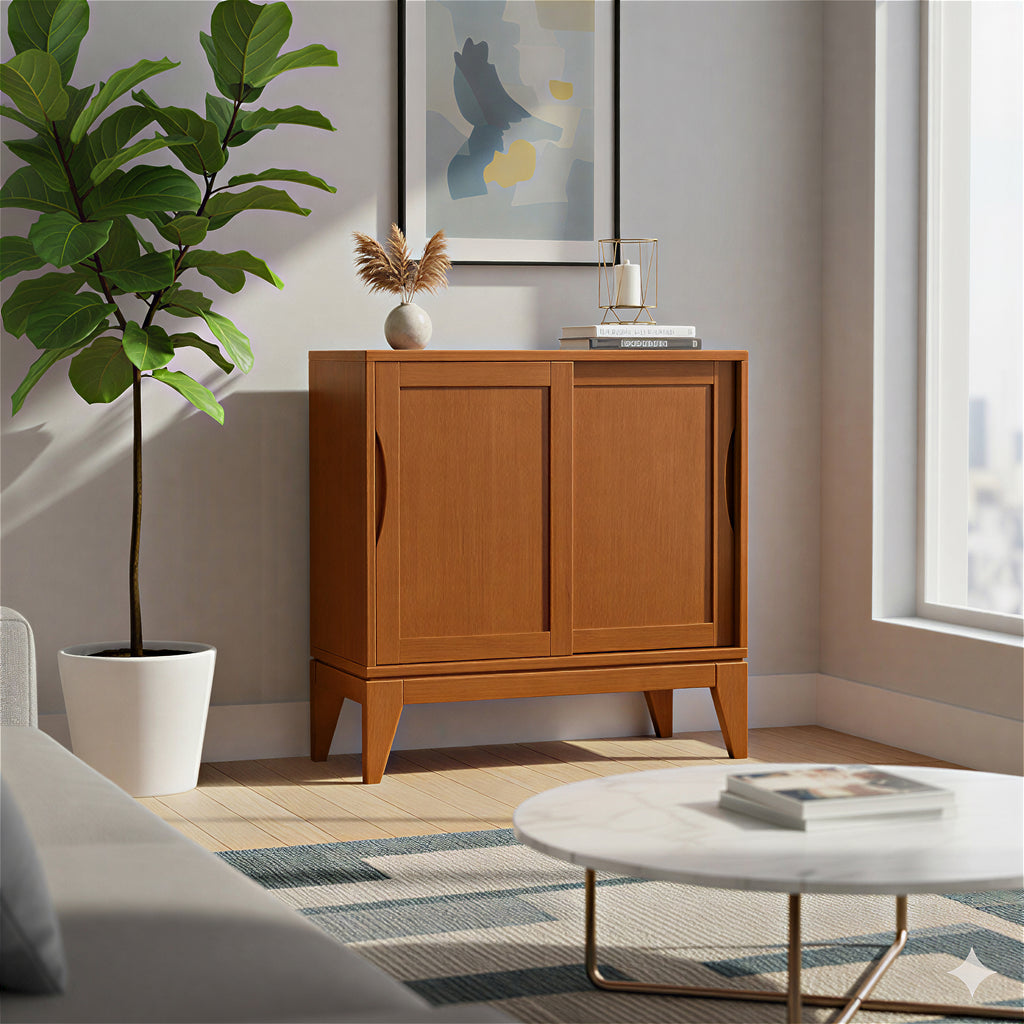 Harper 30 Inch Wide Solid Hardwood Mid-Century Modern Low Storage Cabinet in Teak